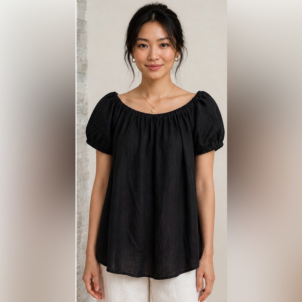 Deiji Studios Black Puff-Sleeve Peasant Blouse